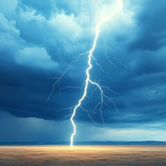 Dramatic lightning bolt striking flat land during a stormy sky.