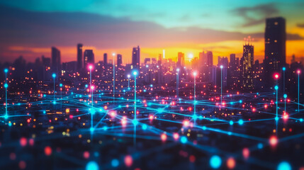 Smart digital city with connection cyber security network reciprocity over the twilight cityscape.future wireless digital city and social media networking systems that connects people within the city