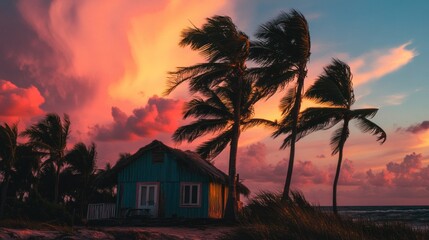 Obraz premium A vibrant sunset over a coastal hut, surrounded by swaying palm trees.