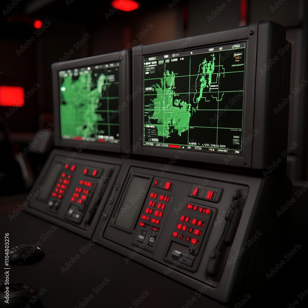 Poster dual monitors display green radar map data on a dark control panel with red buttons in a dark room.
