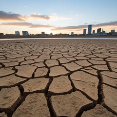 Dry cracked earth, arid landscape, city skyline at sunset.
