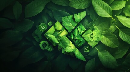 A vibrant and earthy design for organic products, featuring a green abstract arrow made from overlapping leaf textures, with eco-friendly symbols surrounding it.