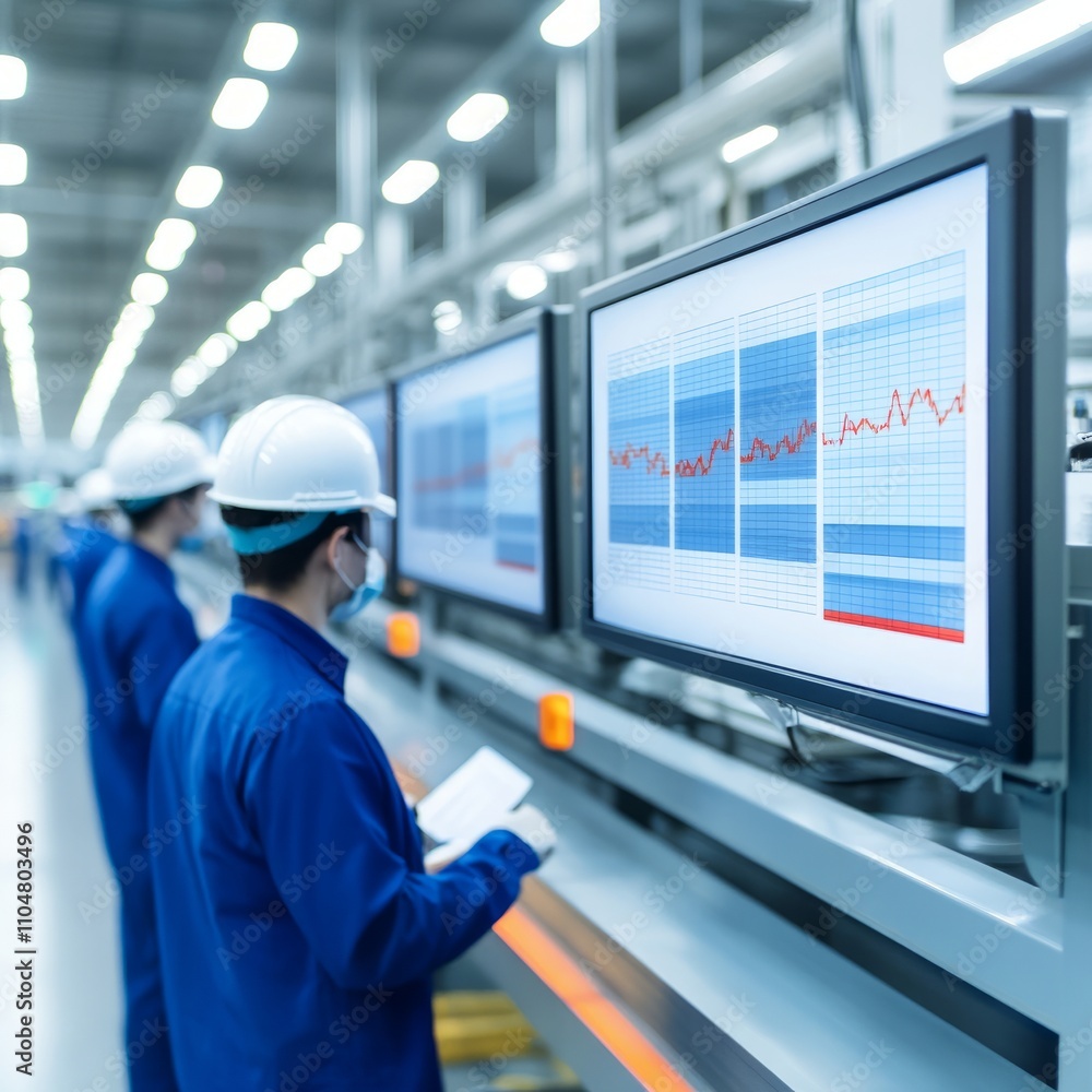 Poster factory workers monitoring production data on large screens.