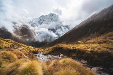 Annapurna Base Camp trekking landscape in the Nepal Himalayas in autumn