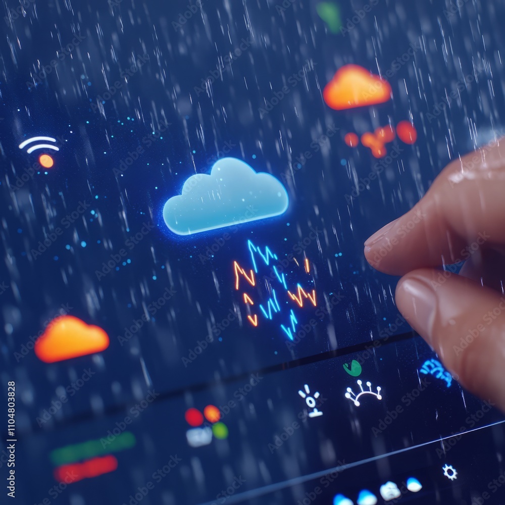 Poster fingertip interacts with a weather app displaying rain and lightning icons on a digital screen.