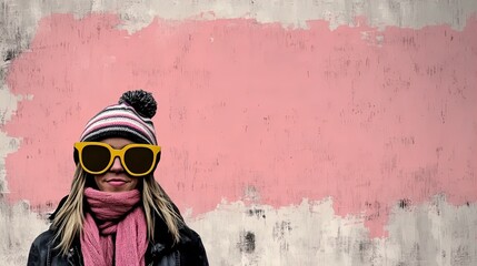 Obraz premium Vibrant Close-Up of Trendy Woman in Multicolored Striped Beanie and Oversized Sunglasses – Perfect for Sporty Interior Posters and Chic Wall Art