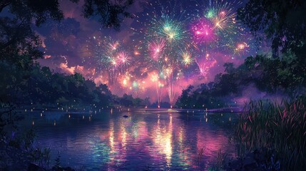 New Year Fireworks Reflected on River