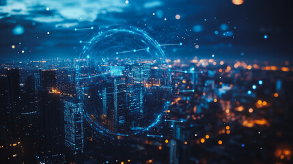 Smart digital city with connection cyber security network reciprocity over the twilight cityscape.future wireless digital city and social media networking systems that connects people within the city