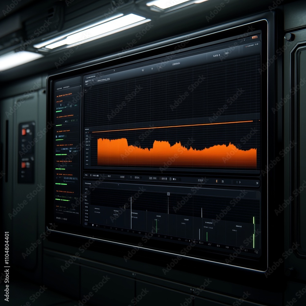 Poster futuristic data analysis screen displaying graphs and charts in a dark, technological setting.