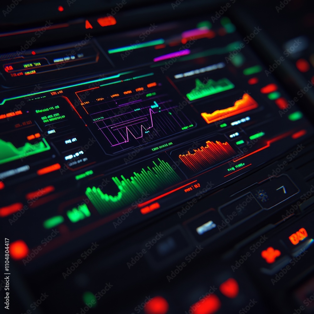 Poster futuristic digital dashboard display with colorful graphs and data visualizations.