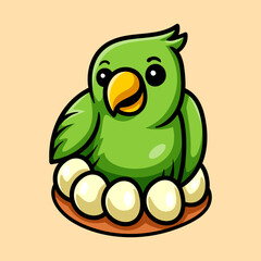 fun cartoon of green parrot mother character isolated drawing line art style sketch classic vintage design illustration