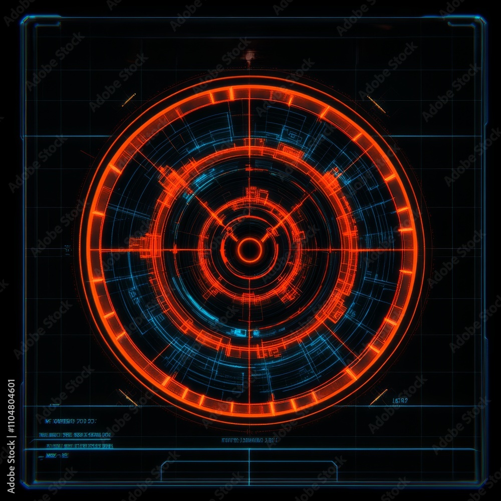 Poster futuristic hud interface with concentric circles and digital data.