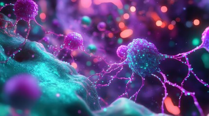 A vibrant 3D illustration of a regenerative process at the cellular level, featuring a network of embryonic stem cells forming new tissue. The cells are interconnected by glowing neural-like pathway