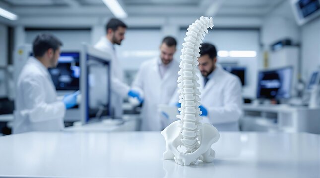3d printed spine model in medical research laboratory with scientists