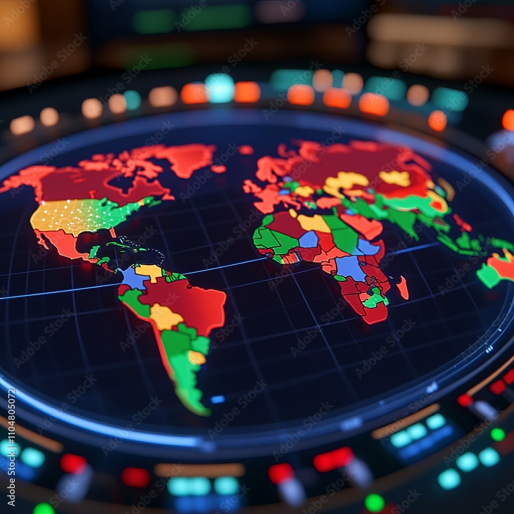 Poster global map with color-coded countries displayed on a futuristic digital interface.