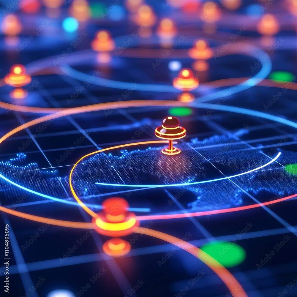 Poster global network connection, data visualization, digital map with glowing nodes.