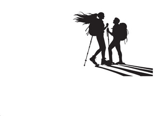 Couple Outdoors Vector Silhouette, Group of Hiking man Silhouettes. hiker with backpack and rucksacks silhouette.