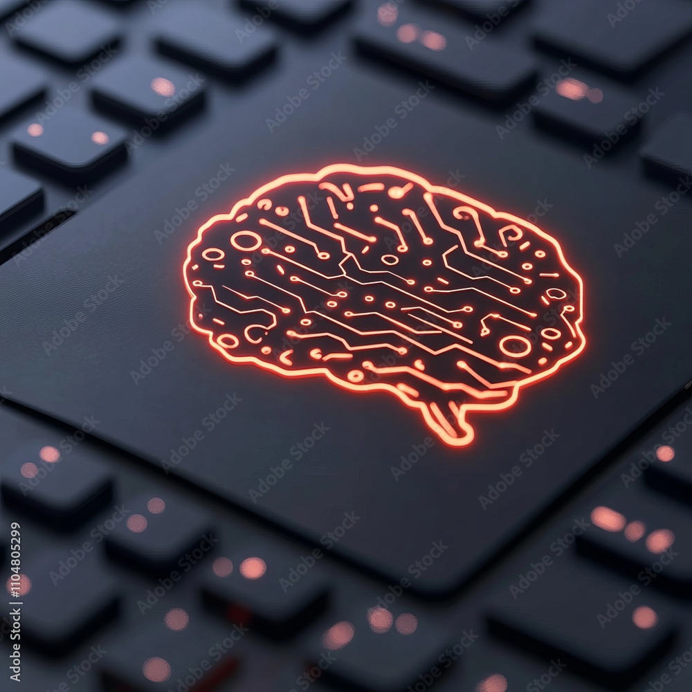Poster glowing circuit brain on keyboard.