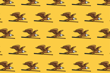 wild eagle bird holding stick billiard seamless pattern on yellow background. wild falcon, hawk gripping cue stick pool vector illustration pattern background for billiard decoration and merchandise 