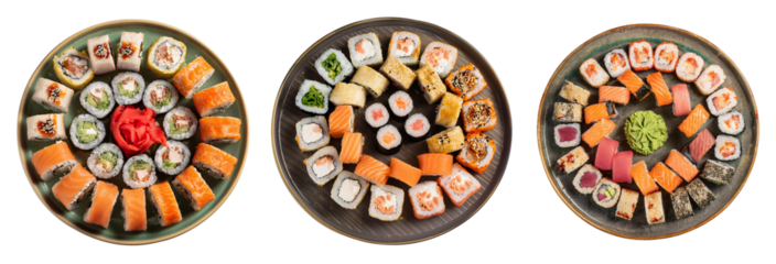 top view of sushi set on big round wooden plate isolated on white background