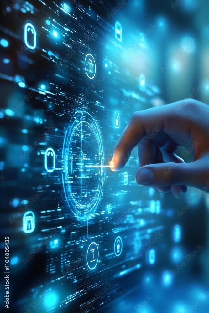 Poster futuristic cyber security interface with interconnected circles and locks for digital protection
