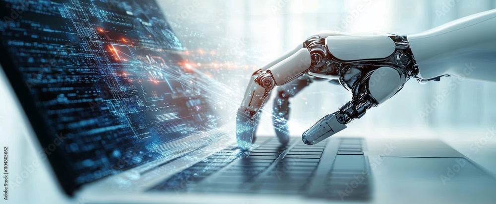 Poster robotic hand interacting with laptop displaying digital circuit diagrams and ai technology revolutio