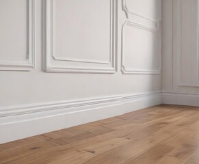 Fototapeta premium Close-up of white wall with decorative classic style moulding and polished wooden floors, classic, polished, white, wooden, wall