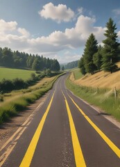 Fototapeta premium Country road with double yellow lines running through countryside, greenery, farm fields