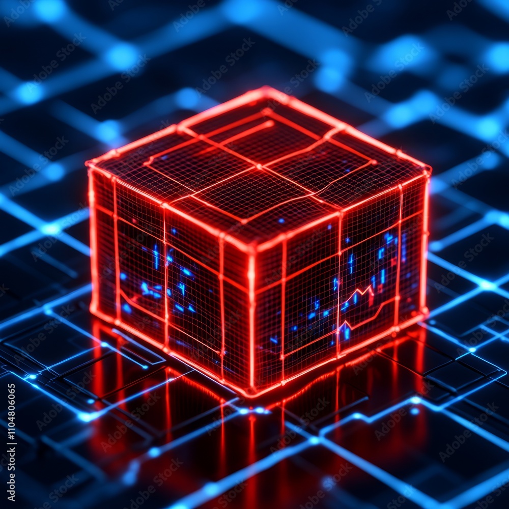 Poster glowing red cube on digital circuit board.