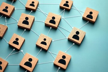 Business Deal Handshake on Wooden Block with Human Icons for Teamwork and Connection Concept