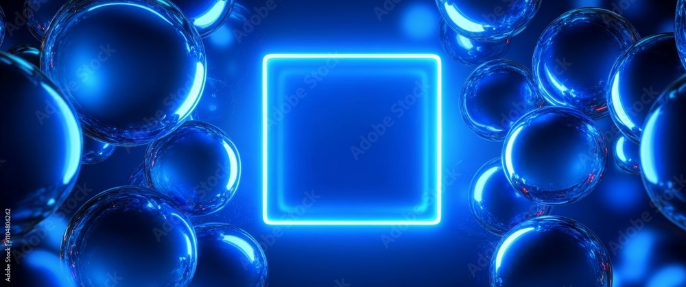 Aufkleber neon blue square with translucent spheres on deep gradient background