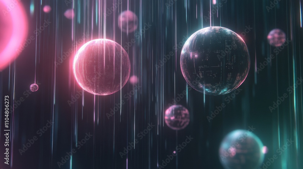 Poster abstract representation of floating spheres with light trails in a digital environment.