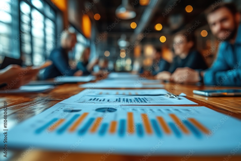 Poster a close-up of a table in a meeting room with papers displaying charts and graphs. the meeting attend