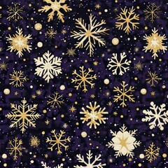 Gold and off-white snowflakes on a dark purple background, winter seamless pattern.