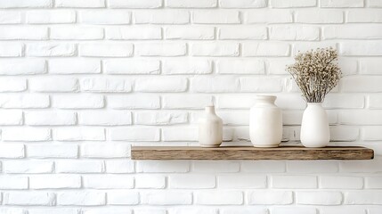 A white brick wall with a small shelf holding decorative items, creating a clean and stylish space