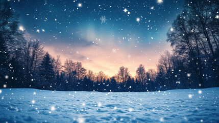 Winter night sky with stars, snowy field