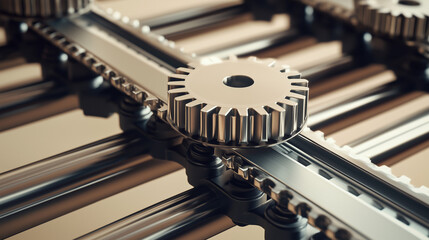 Set of polished metal gears on a conveyor belt