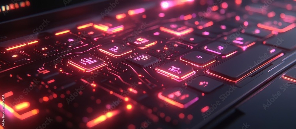 Aufkleber futuristic keyboard with glowing red and pink lights, close-up view of keys, digital technology, com
