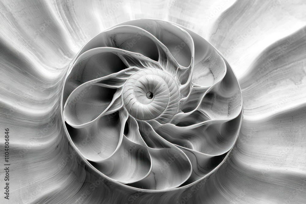 Poster intricate pattern of a nautilus shell, showcasing mesmerizing spirals and curves in black and white.