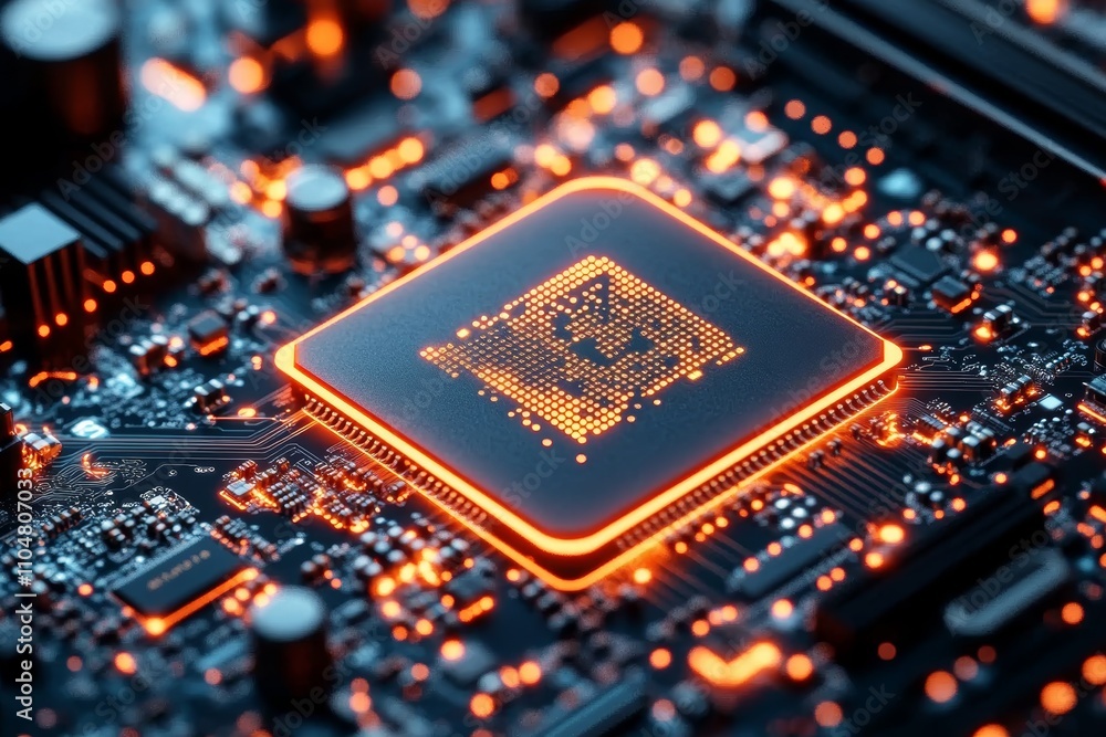 Poster Advanced AI Processor on a Modern Computer Motherboard with Intricate Circuitry and Vibrant Ambient Lighting