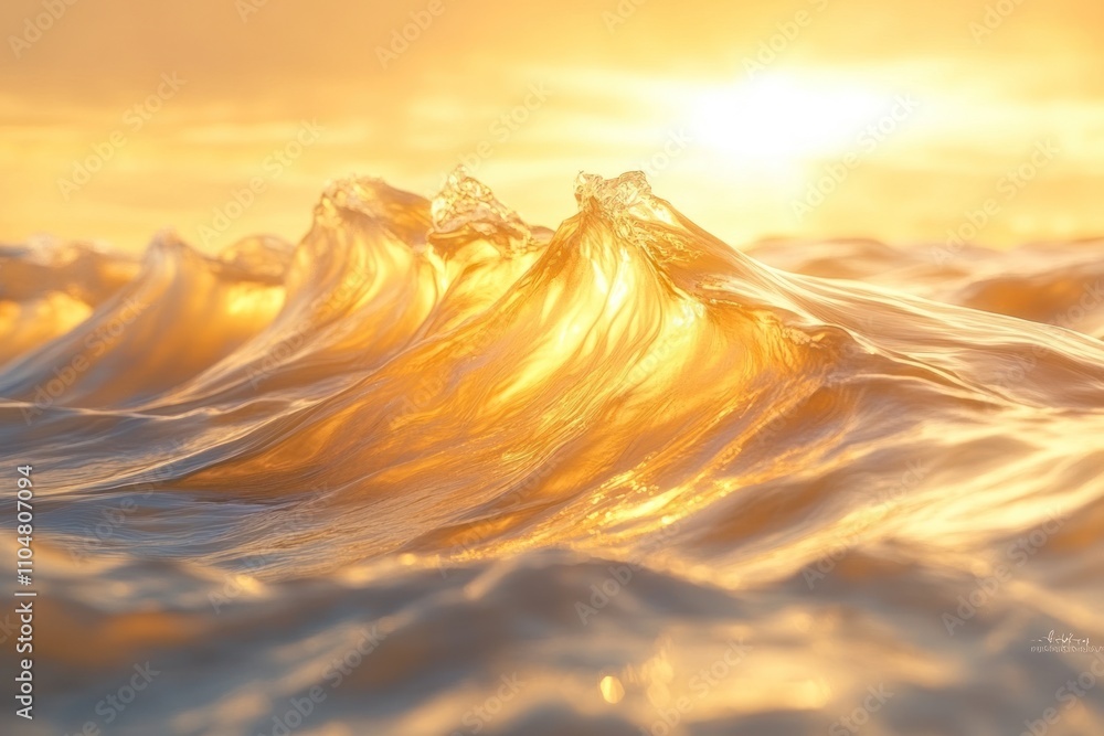 Poster close-up of a wave crest illuminated by the setting sun, creating a golden glow.