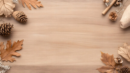 Obraz premium polished wooden surface adorned with seasonal leaves, pinecones, and decorative elements creates warm, inviting atmosphere perfect for autumn