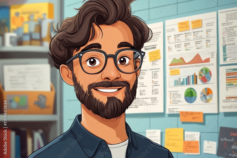Poster a smiling man with a beard and glasses stands in front of a wall with charts and graphs.