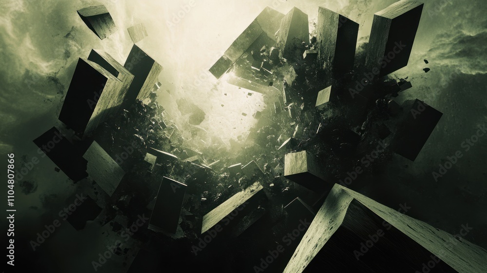 Poster abstract composition of floating geometric shapes in a dark, ethereal environment.