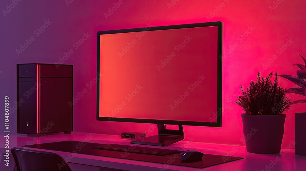 Poster a modern desktop computer on a minimalist desk with a sleek design and ambient lighting.