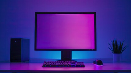 A modern desktop computer on a minimalist desk with a sleek design and ambient lighting.