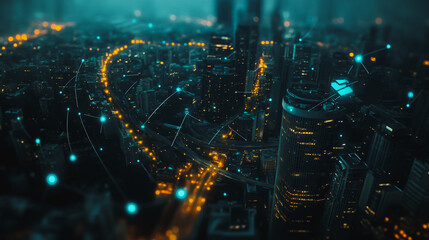 Smart digital city with connection cyber security network reciprocity over the twilight cityscape.future wireless digital city and social media networking systems that connects people within the city