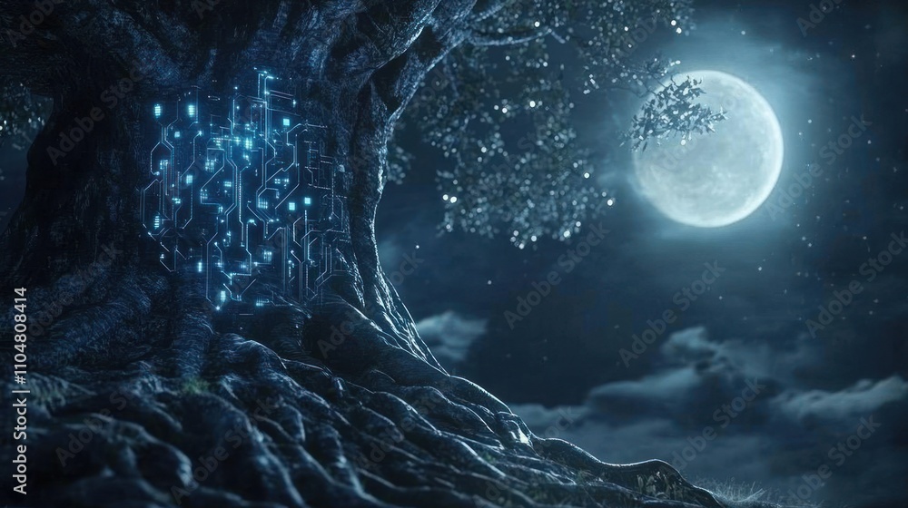 Poster a mystical tree with glowing circuitry under a full moon in a dark sky.
