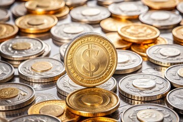 Create a captivating 3D animation showcasing a set of rotating coins and dollar symbols.