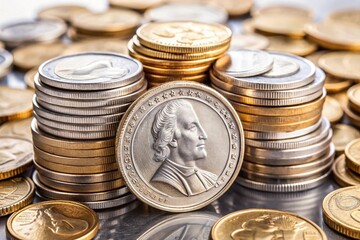 Create a captivating 3D animation showcasing a set of rotating coins and dollar symbols.